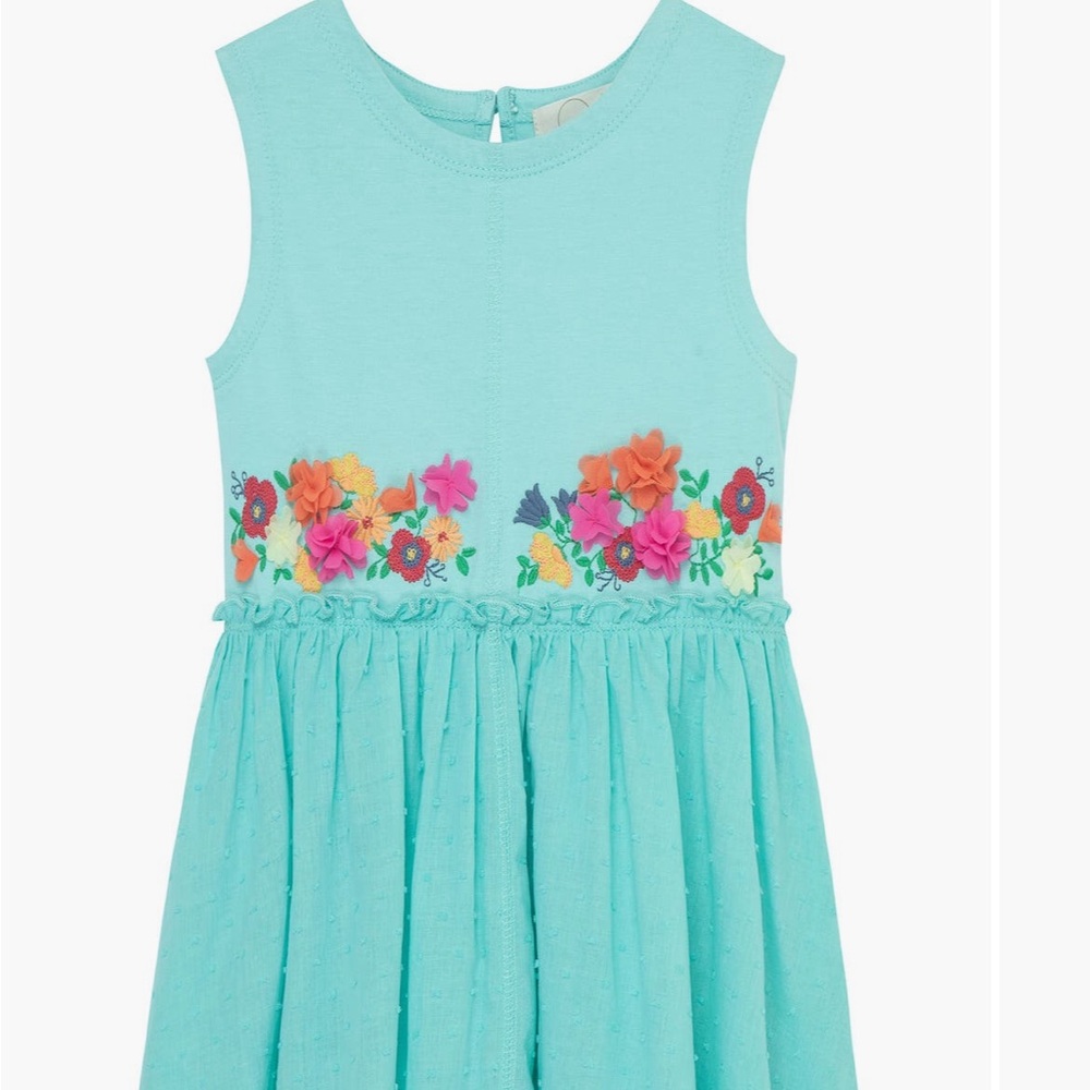 Peek Aren’t You Curious Kids Aqua Dress with Colorful Floral Appliqués